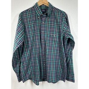 VINTAGE Gant Shirt Mens Large Green Blue Plaid Button Down Collar Hong Kong 90s